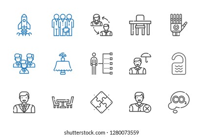 teamwork icons set. Collection of teamwork with co, user, puzzle, table, man, room, employee, skills, team, hand, employees, startup. Editable and scalable teamwork icons.