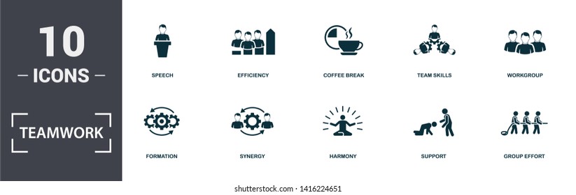 Teamwork icons set collection. Includes simple elements such as Occupation, Speech, Efficiency, Coffee Break, Team Skills, Formation and Synergy premium icons.