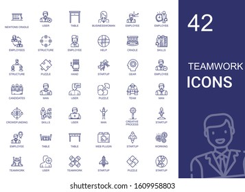 teamwork icons set. Collection of teamwork with newtons cradle, user, table, businesswoman, employee, employees, structure, help, cradle. Editable and scalable teamwork icons.