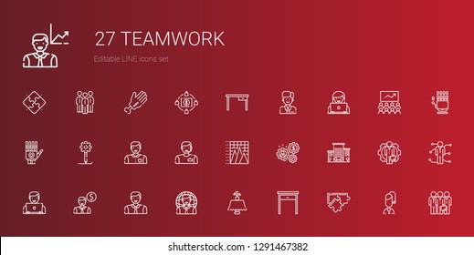 teamwork icons set. Collection of teamwork with puzzle, table, user, man, employee, office, working, pyramid chart, creative process, hand. Editable and scalable teamwork icons.
