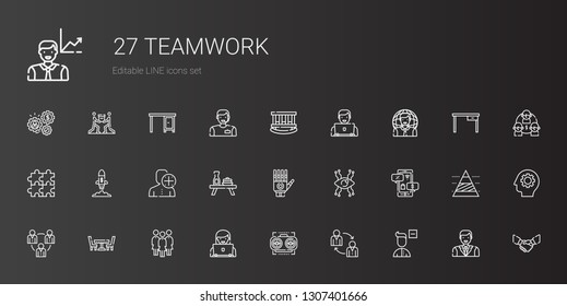 teamwork icons set. Collection of teamwork with remove user, vision, user, group, table, negotiation, hand, startup, puzzle, cradle, handshake. Editable and scalable teamwork icons.
