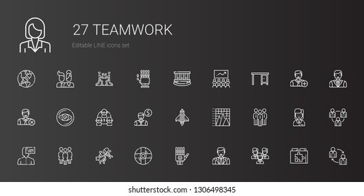 teamwork icons set. Collection of teamwork with team, man, hand, help, startup, group, user, pyramid chart, employee, vision, table, class. Editable and scalable teamwork icons.
