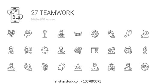 teamwork icons set. Collection of teamwork with team, user, pyramid chart, puzzle, group, man, people, table, working, employee, structure. Editable and scalable teamwork icons.