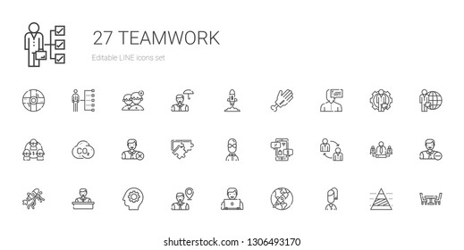 teamwork icons set. Collection of teamwork with user, startup, employee, gear, negotiation, puzzle, co, team, hand, table, pyramid chart. Editable and scalable teamwork icons.