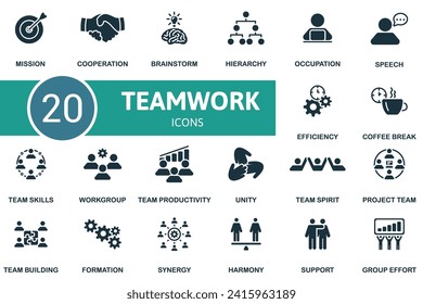 Teamwork icons set. Creative icons: mission, cooperation, brainstorm, hierarchy, occupation, speech, efficiency, coffee break, team skills, workgroup and more