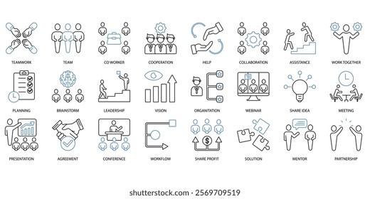 Teamwork icons set. Set of editable stroke icons.Set of Teamwork