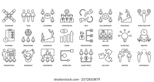Teamwork icons set. Set of editable stroke icons.Set of Teamwork