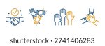 Teamwork icons, set icon of team hands together, three hands supporting each other, team cooperation, handshake, line vector with editable stroke