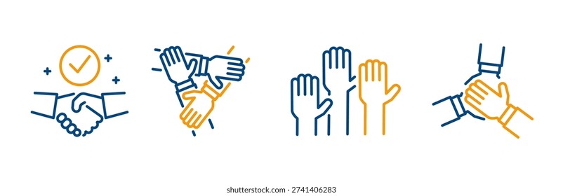 Teamwork icons, set icon of team hands together, three hands supporting each other, team cooperation, handshake, line vector with editable stroke