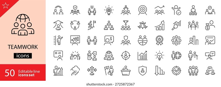 Conjunto de iconos de trabajo en equipo. Incluye símbolos de colaboración, cooperación, esfuerzo grupal, comunicación, asociación y objetivos compartidos. Trazo editable. Ilustración vectorial. Iconos de contorno. Perfecto para proyectos de negocios, gestión y liderazgo.