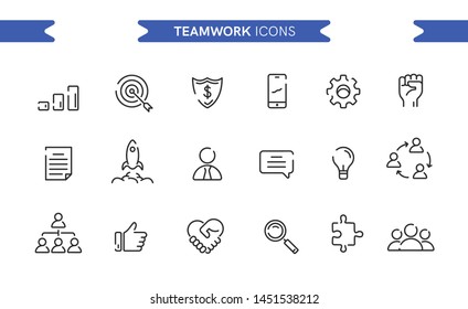 Teamwork icons set isolated. Line art. Editable. Signs and symbols. Modern simple style. Phone, people, target, graphic, heart, hand, search, money, puzzle. Flat style vector illustration.