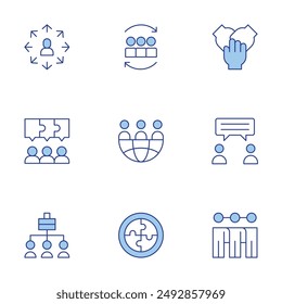 Teamwork icons set. Line Duotone style, editable stroke. world, team work, hands, puzzle, jigsaw, discussion, networking, network, refresh.