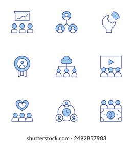 Teamwork-Symbole gesetzt. Line Duotone Stil, bearbeitbare Strich. Arbeit, Deadline, Grafik, Profit, Problemlösung, Team, Teamarbeit, Video.