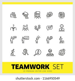 Teamwork icons. Set of  line icons. Head hunting, presentation, new idea. Teamwork concept. Vector illustration can be used for topics like management, leadership, career promotion.
