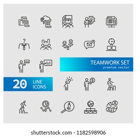 Teamwork icons. Set of  line icons. Head hunting, presentation, new idea. Teamwork concept. Vector illustration can be used for topics like management, leadership, career promotion.