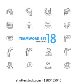 Teamwork icons. Set of  line icons. Head hunting, presentation, new idea. Teamwork concept. Vector illustration can be used for topics like management, leadership, career promotion.
