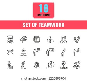 Teamwork icons. Set of  line icons. Head hunting, presentation, new idea. Teamwork concept. Vector illustration can be used for topics like management, leadership, career promotion.