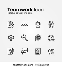 Teamwork-Symbole Set Line Style. Gruppen, Menschen, Präsentation, Planung und mehr. Designelement für Vektorzeichen und Symbolkollektion mit bearbeitbarem Stroke