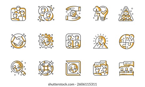 Teamwork icons set in outline stroke design for web. Pack line pictograms with team, interaction, project, subordination, handshake, group, success, personal input, search, other. Vector illustration.