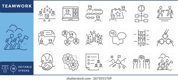Ícones de trabalho em equipe definidos. Pessoas, colaboração Digital, link em cadeia, calendário compartilhado, voluntário, escada, quebra-cabeça compartilhado, mentor e muito mais. Traçado editável de vetor.