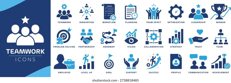 Teamwork icons set. representing collaboration, leadership, and  teamwork, meeting, startup, management, profit, and success fill icons. Vector flat design collection