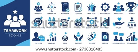 Teamwork icons set. representing collaboration, leadership, and  teamwork, meeting, startup, management, profit, and success fill icons. Vector flat design collection