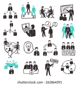 Teamwork icons set with sketch business people discussion organization and partnership scenes isolated vector illustration