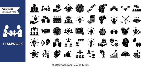 Teamwork icons set in solid style. Business team working, collaboration, team building and more. Vector illustration