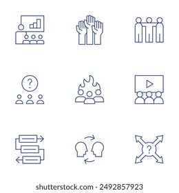 Conjunto de iconos de trabajo en equipo. Video Estilo de línea fina, trazo editable. flujo de trabajo, dirección, empatía, trabajo en equipo, portavoz,