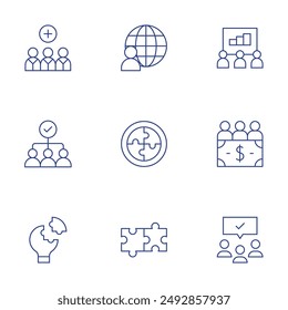 Teamwork-Symbole gesetzt. Thin Line-Stil, bearbeitbare Strich. Teamarbeit, Teamarbeit, Welt, Profit, medizinisches Team, Problemlösung, Puzzle, Publikum.