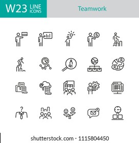 Teamwork icons. Set of twenty line icons. Head hunting, presentation, new idea. Teamwork concept. Vector illustration can be used for topics like management, leadership, career promotion.