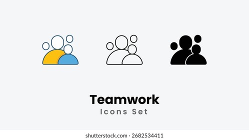 Teamwork Icons dünne Linie, schwarze Glyphe, farbige Linie, Vektorsymbol, Stockgrafik