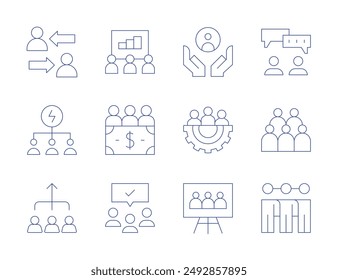Teamwork icons. Thin Line style, editable stroke. teamwork, profile, profit, command, audience, discuss, shift, crowd, network, team management.