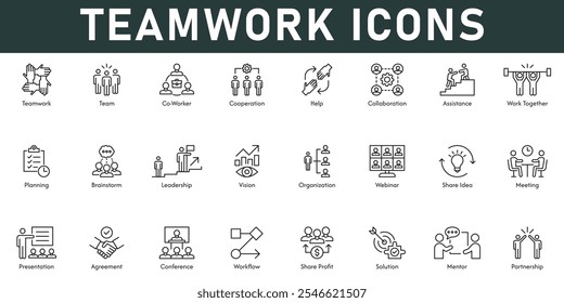 teamwork Icons Vektorgrafik mit dünnen Linien editierbaren Strich mit Mitarbeiter Zusammenarbeit Zusammenarbeit zusammen Planung Brainstorm Führung Vision Organisation Treffen