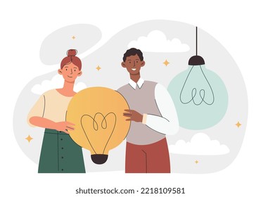 Teamwork idea concept. Man and woman holding large light bulb. Brainstorming and insight. Creative individuals, partners or colleagues found solution to problem. Cartoon flat vector illustration