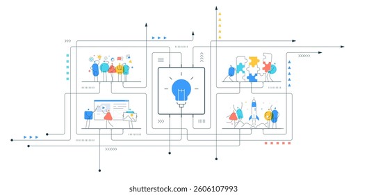 Teamwork and idea generation. Business people work together. Office collaboration, challenges and brainstorm, puzzle solution icon. Strategy, success, and startup growth. Infographic vector concept
