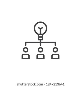 Teamwork idea outline icon. linear style sign for mobile concept and web design. Lamp with users simple line vector icon. Brainstorming symbol, logo illustration. Pixel perfect vector graphics