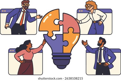 Teamwork Idea Vector Illustration, Puzzle Lightbulb