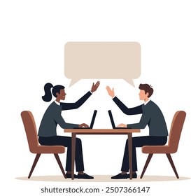 Teamwork Illustration 1.  An illustration of two people sitting at a desk next to their computer and coming to the same idea.