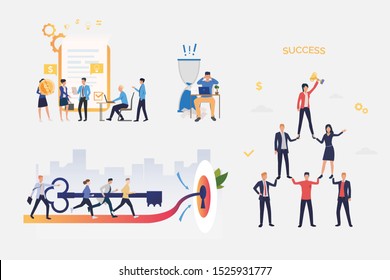 Teamwork illustration set. Professionals opening door together, signing agreement, standing in pyramid of success. Business concept. Vector illustration for banners, layouts, website design