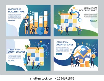 Teamwork illustration set. Team sticking notes on planning board, analyzing graphs. Business concept. Vector illustration for topics like finance, startup marketing