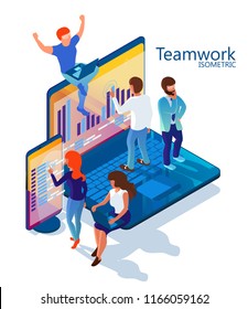 Teamwork. Illustration for the site. Men and women work together on a laptop and smartphone. Illustration on white background in isometric 3d