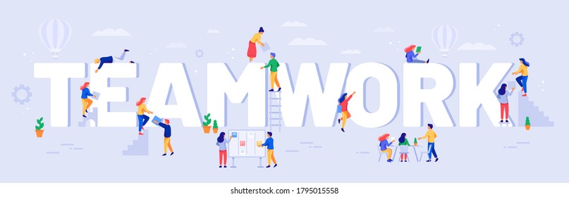 Teamwork illustration. Team work communication, partnership and oganization management, development project vector