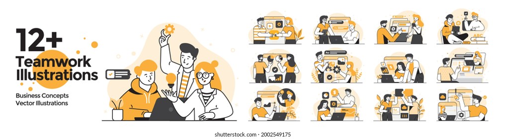 Teamwork illustrations set. Collection of business situations with men and women taking part in business activities. Modern trendy concepts for web sites and mobile web sites. Vector illustration