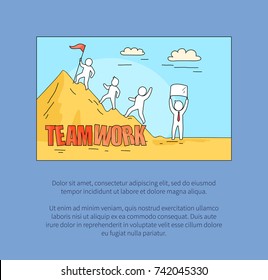 Teamwork image representing group climbing a mountain with ribbon, text sample below for expressing own thoughts on vector illustration