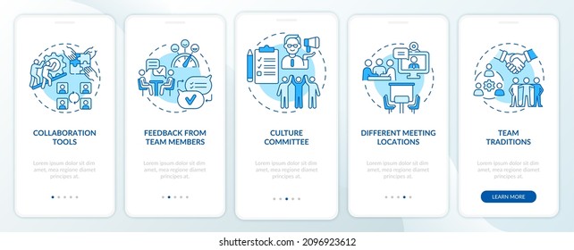 Teamwork improving tips blue onboarding mobile app screen. Productivity walkthrough 5 steps graphic instructions pages with linear concepts. UI, UX, GUI template. Myriad Pro-Bold, Regular fonts used