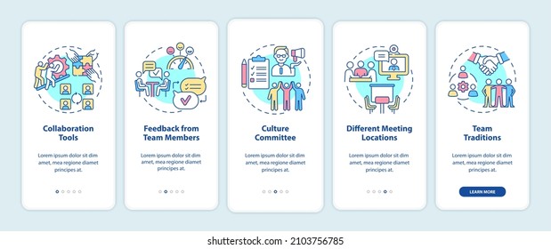 Teamwork improving tips onboarding mobile app screen. Productivity walkthrough 5 steps graphic instructions pages with linear concepts. UI, UX, GUI template. Myriad Pro-Bold, Regular fonts used