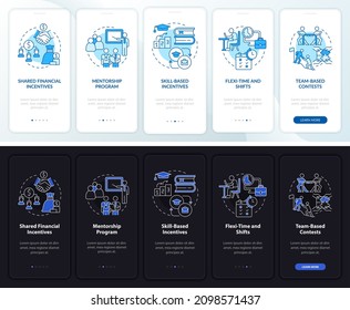 Teamwork incentives night and day mode onboarding mobile app screen. Tips walkthrough 5 steps graphic instructions pages with linear concepts. UI, UX, GUI template. Myriad Pro-Bold, Regular fonts used