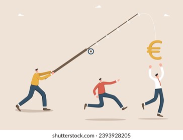 Teamwork for income and salary growth, cooperation for financial and economic stability, race for money, motivation and productivity, employee bonuses, man lures employees with fishing rod with euro.