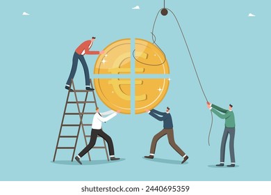 Teamwork for income and salary growth, cooperation for financial and economic stability, increasing investments or savings, increasing currency value, team folding euro coin.